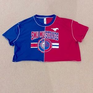 Southern Methodist University split cropped tee shirt.